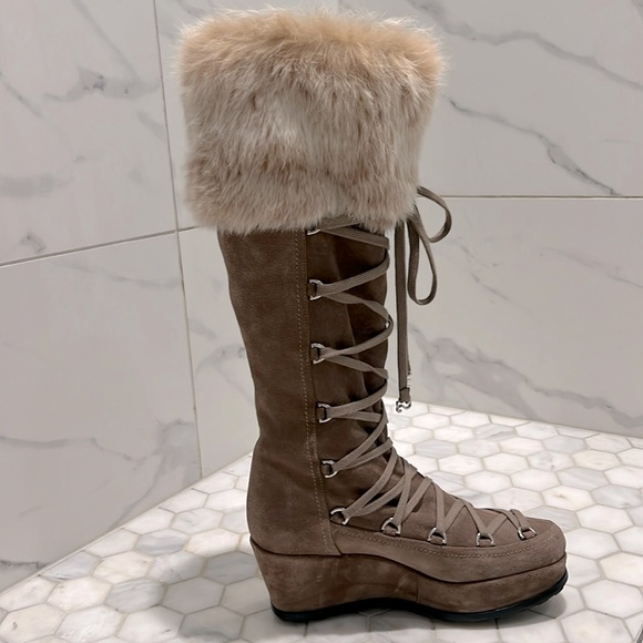 Stuart Weitzman Troll Brown Suede Fur Trim Platform Wedge Aprés Leather Boots - Picture 6 of 17